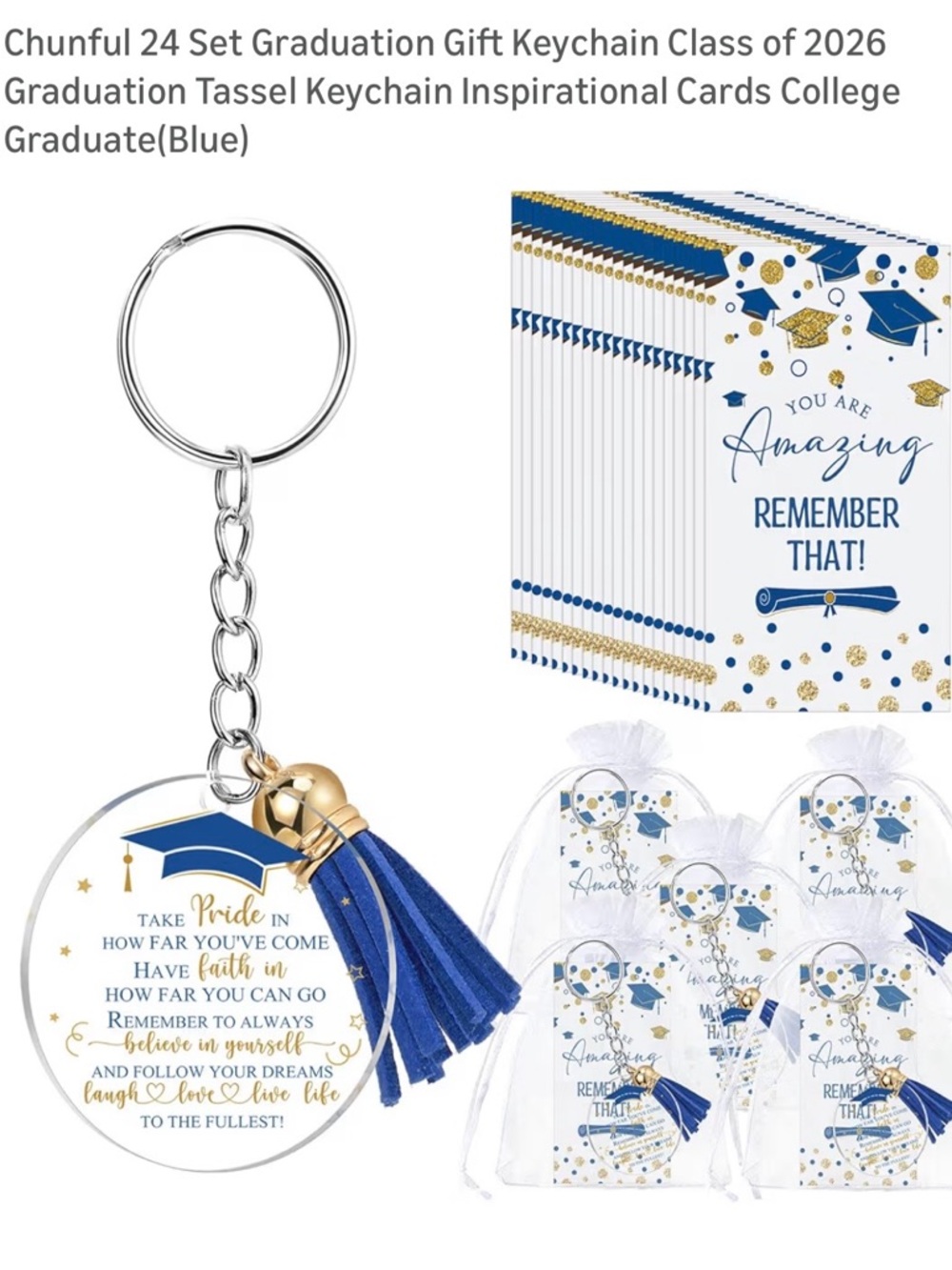 Blue Graduation Tassel Keychain with Inspirational Card and clear gift bag